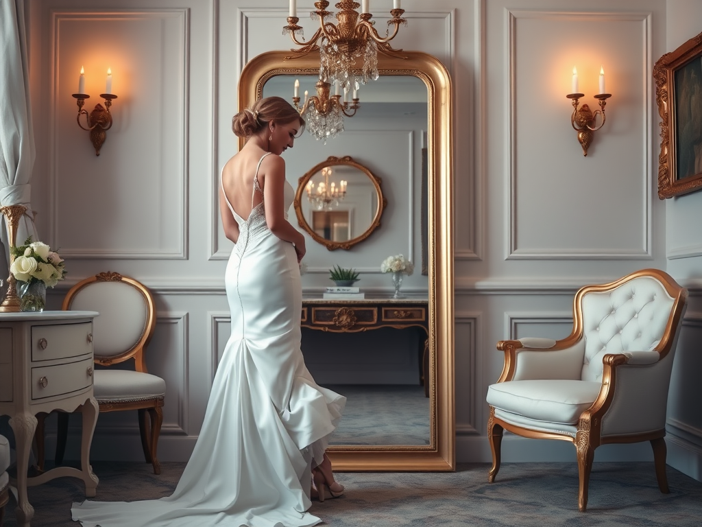 O mireasă în rochie albă privește în oglindă, într-un decor elegant, cu lumini calde și flori albe.