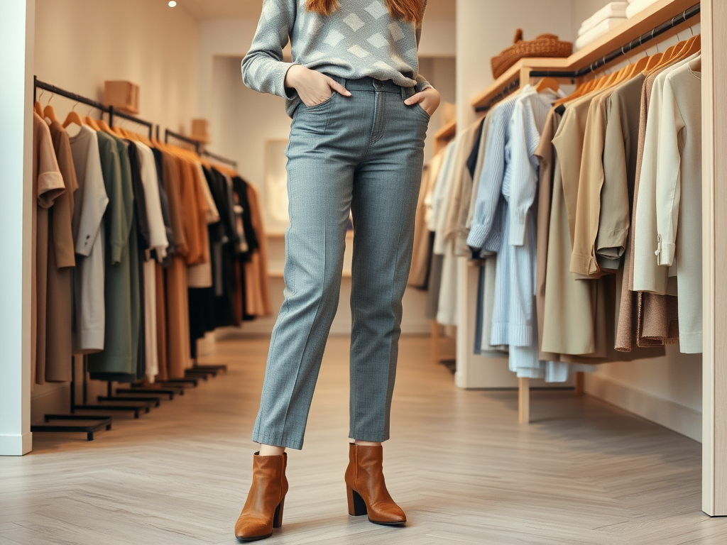 O femeie poartă o bluză gri și pantaloni gri, stând în fața unui raft cu haine într-un magazin.