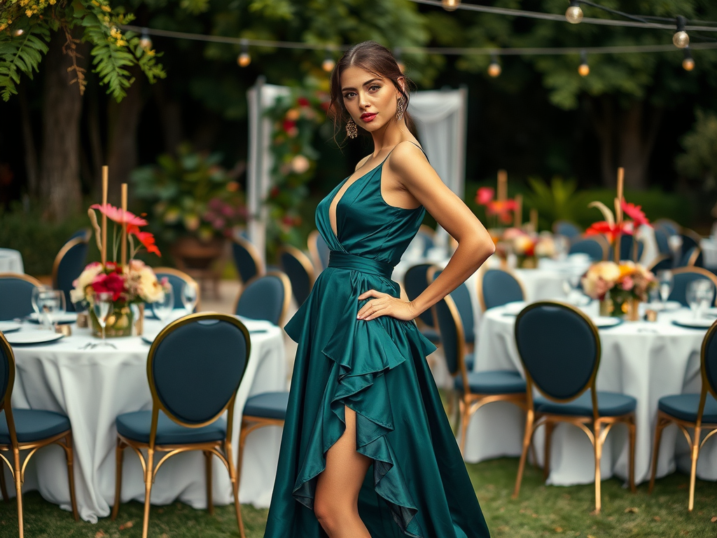 O femeie elegantă poartă o rochie verde într-o grădină, lângă mese frumos aranjate pentru eveniment.