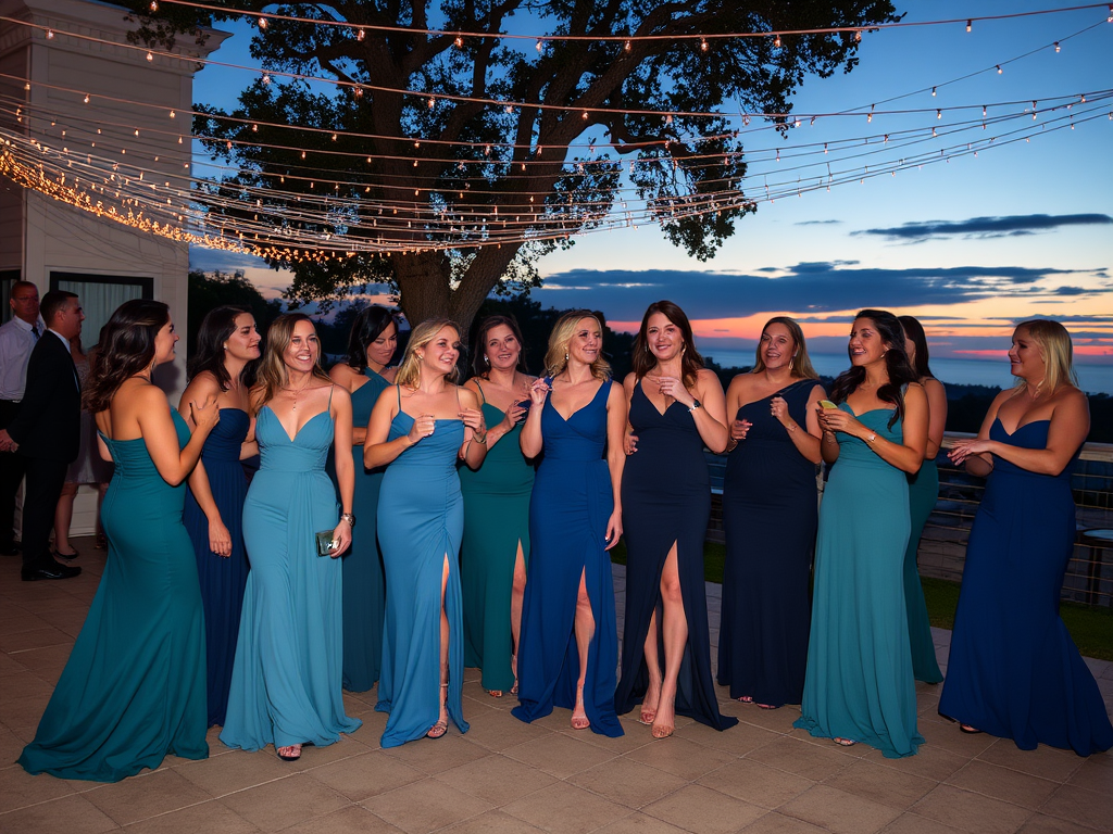 Un grup de femei în rochii elegante, zâmbind și interacționând pe o terasă, cu un apus frumos în fundal.